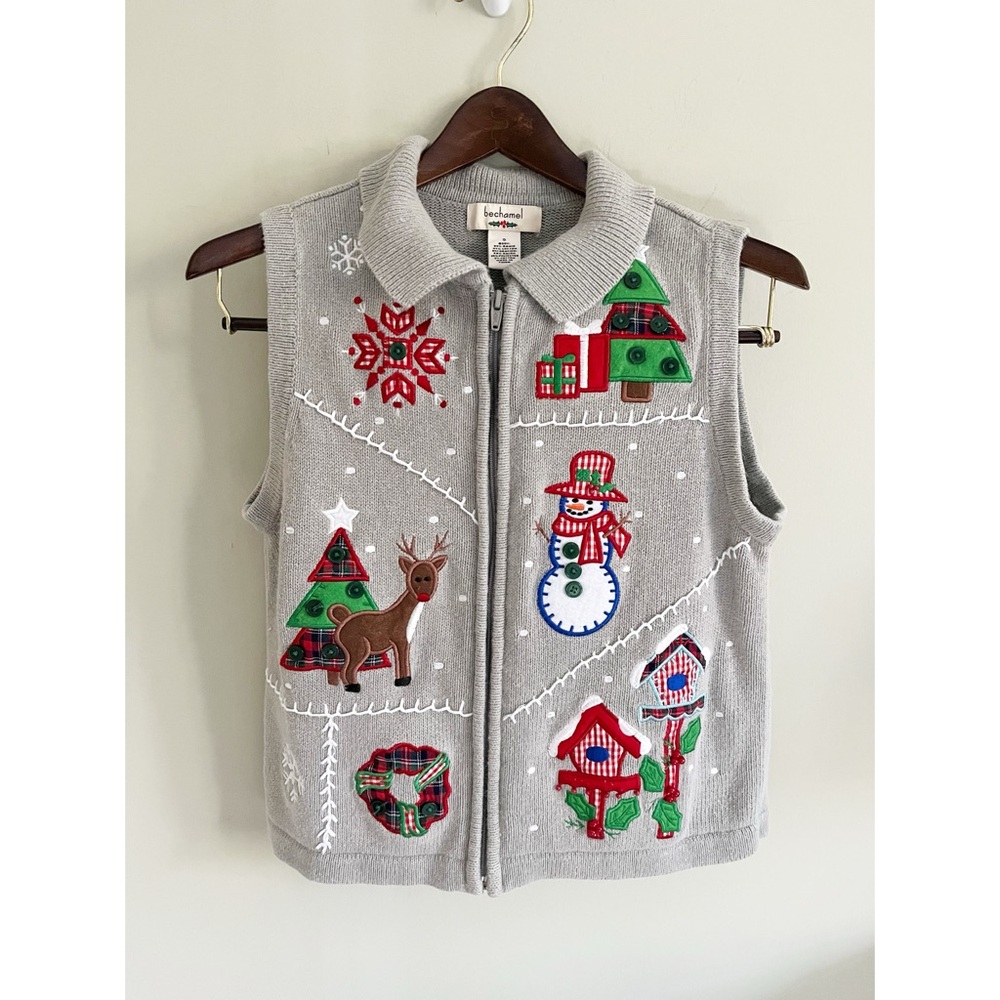 Vintage knit Christmas full zip gray sweater vest by Bechamel sz S